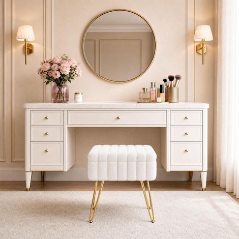 Tabouret de Coiffeuse Blanc avec Rangement Caché, Fausse Fourrure (1/5)