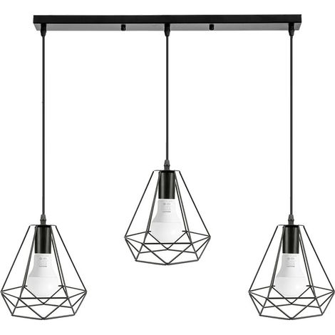 Lustre Suspension Forme Diamant Barre 3 Lampes Abat-jour Noir Lumières 20.525cm E27 pour Salon Cuisine (1/5)