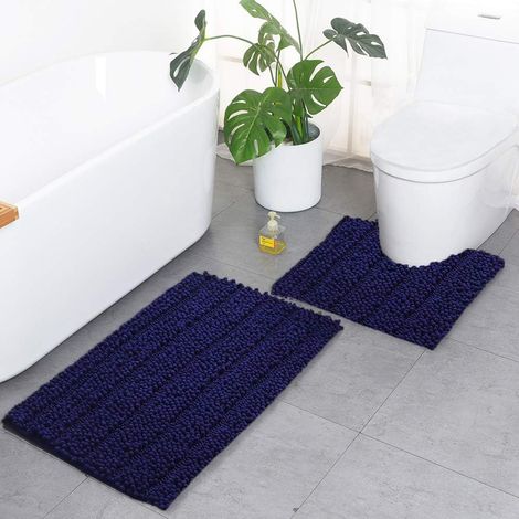 Set of 2 chenille bath mats, soft, non-slip, rectangular, absorbent and durable plush for bathtub, shower, bathroom, toilet (navy blue, set of 2) (1/5)