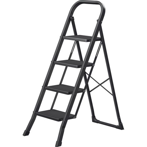 Escabeau Pliant 4 Marches, Marchepied Compact avec Verrou de Sécurité, pour Maison, Charge 150 kg, Noir (1/5)
