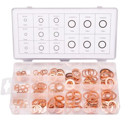 150 Stück 15 Spezifikationen Dichtungsringe, Kupferscheiben-Sortiment-Kit, Kupfer-Unterlegscheiben-Dichtungsring mit Box M5 M6 M8 M10 M12 M14 M16 M18 M20 M22