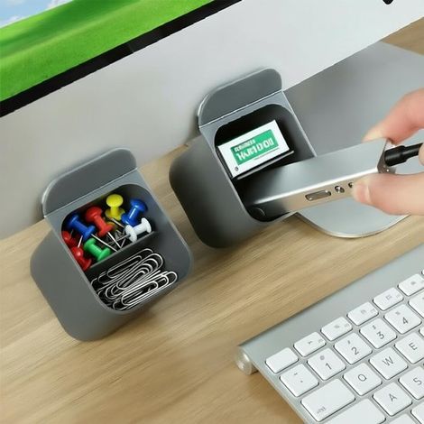 Portapenne grigio, 2 pezzi, organizer da ufficio autoadesivo con clip, supporto da scrivania in plastica con forte adesivo e superficie liscia. (1/5)