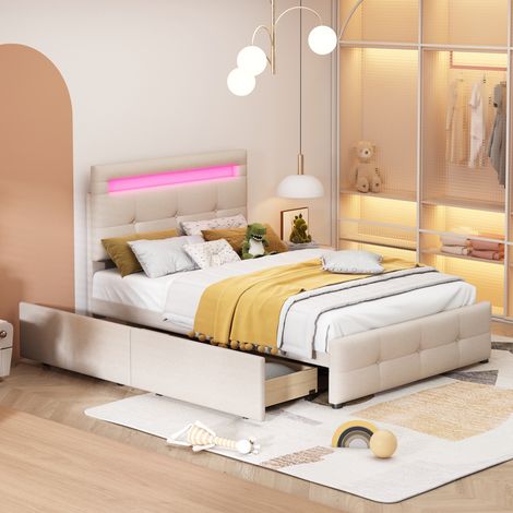 Cama individual 210x99x100 cm beige tapizada, LED y 2 cajones (1/5)