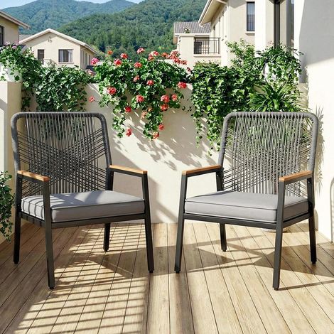 Sedie da giardino in rattan, Set da 2, Sedie da patio resistenti alle intemperie, Sedie da balcone in metallo, Portata massima 160 kg, Braccioli in WPC, Grigio (1/5)