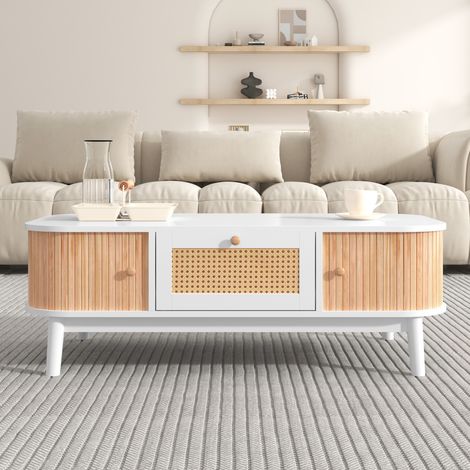 Table basse de salon ovale en rotin et bois massif, tiroir tressé et portes coulissantes à lattes - pieds solides - style naturel boho chic - 110 x 55 x 38,5 cm - nature+blanc (1/5)