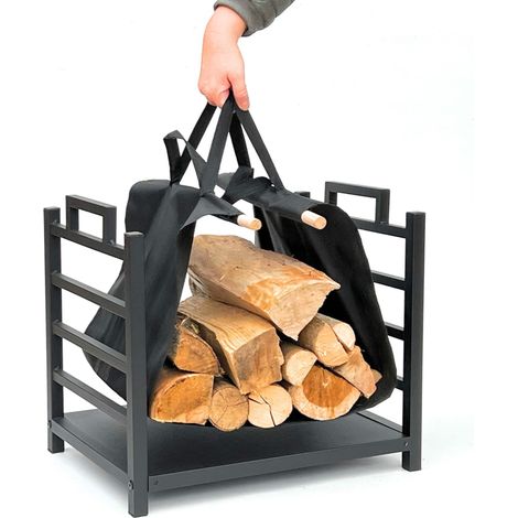 DanDiBo Kaminholzregal Innen Metall Schwarz Stehend mit Tragetasche 45 cm Kaminholzständer 96466 Kaminholzhalter Brennholzregal Feuerholzregal
