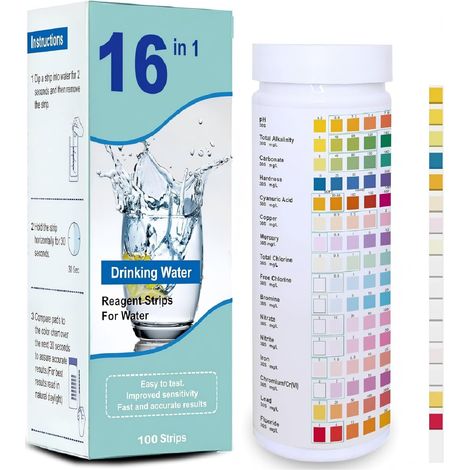 100 bandelettes – Test eau potable – 16 paramètres – Analyse rapide – Dureté, chlore, cuivre, fer, plomb, pH (1/5)