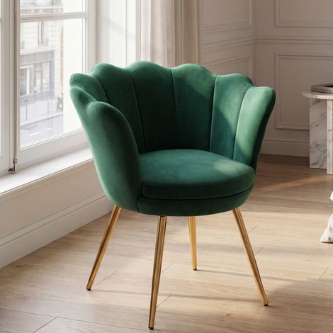 Wahson Freizeitsessel Samt-Bezug, Muschel-Sessel eleganten goldenen Metallbeinen für Schlafzimmer und Wohnzimmer,Grün