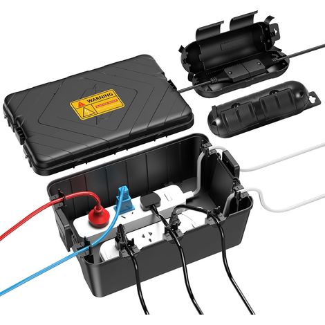 Grande contenitore elettrico da esterno con 2 piccole coperture di sicurezza per prese, protezione impermeabile IP54 per cavi, contenitore impermeabile per multiprese, prese e luci natalizie, nero (1/5)
