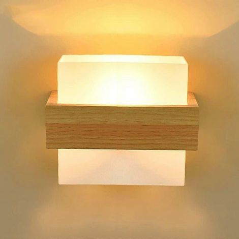 Applique murale LED en bois, éclairage intérieur moderne vers le haut et vers le bas, design rectangulaire minimaliste avec abat-jour en verre dépoli pour chambre et couloir. (1/5)