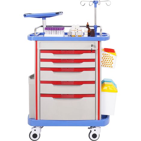 Mophorn Carrelli da Laboratorio a 5 Ripiani,con 5 Cassetti e 4 Ruote Silenziose 2 Bidoni della Spazzatura, Carrello Medico Mobile Materiale PP, Carrello per Laboratorio, Clinica, Ospedale, Salone, Blu