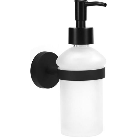 Distributeur de savon noir mat mural 200 ml design inox salle de bain cuisine porte-savon sans perage en verre satiné haute qualité 7 x 18.5 x 11 cm idéal pour liquide savon et désinfect (1/5)
