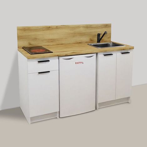 Inoval – Kitchenette blanche 160cm – Meuble bas mélaminé 16mm – Plaque vitrocéramique 3000W – Réfrigérateur table top 106L – Évier inox 39x45cm