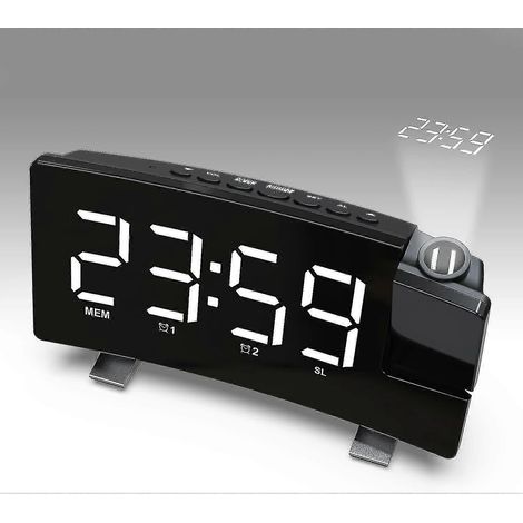 Radio-réveil à projection, réveil à projection de plafond à 180°, radio FM numérique USB avec double alarme, minuterie de sommeil, format 12/24 h, (blanc) PXCL (1/5)