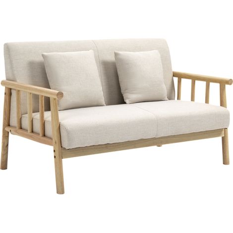 Canapé 2 places tissu aspect lin beige, compact 123x69x74 cm, structure bois, charge max 200 kg
