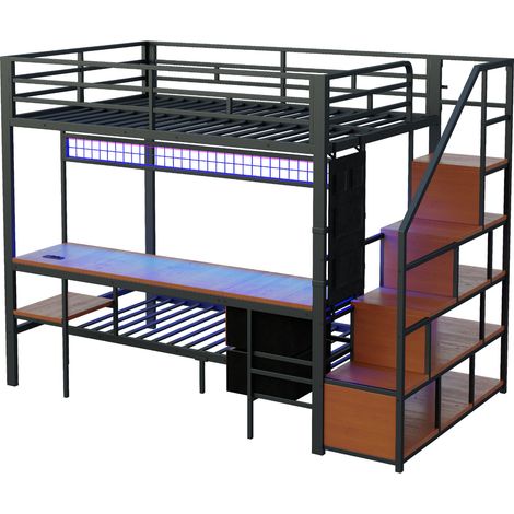 Cama alta metálica multifunción con escritorio LED y almacenaje negro 140x200/90x200 cm (1/5)