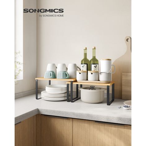 SONGMICS Estante para Especias, Juego de 2, Organizador de Armario, Estante de Almacenamiento de Cocina Extensible, Especiero de Metal y Madera de Ingeniería, Negro y Natural (1/5)