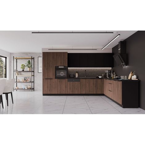 Winkelküche MONZA + SIENA 350x290 cm Küchenzeile Eckküche Küche Nußbaum Schwarz (1/5)