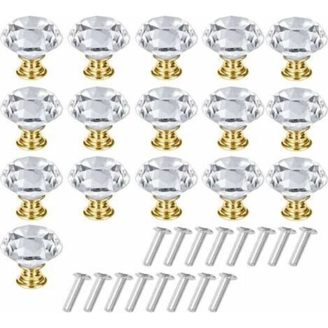 16 poignées cristal transparentes robustes pour meubles, tiroirs, armoires et coiffeuses – finition dorée, avec vis incluses (1/5)