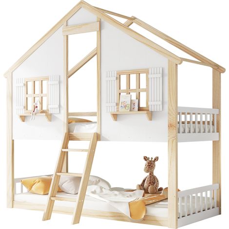 Lit superposé 90x200cm Lit enfant forme cabane avec fenêtres et toit décoratif - garde-corps latéraux - pin et panneaux - blanc et naturel (1/5)