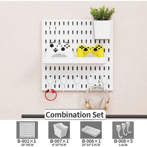 (Lot de 6 panneaux perforés blancs) Étagère murale sans perçage pour salle de jeux, idéale pour ranger manettes, casques, figurines et claviers. Crochets inclus. (1/5)