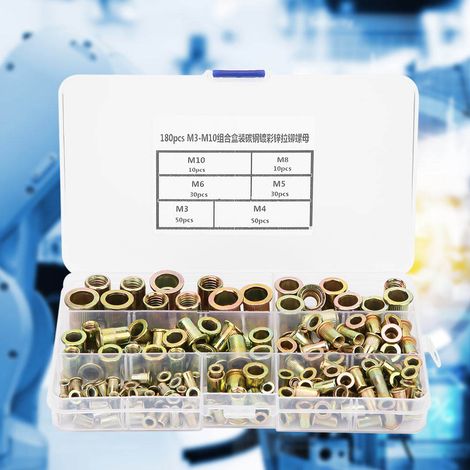 Kit de 180 écrous à sertir M3-M10 en acier au carbone zingué à tête plate. (1/5)
