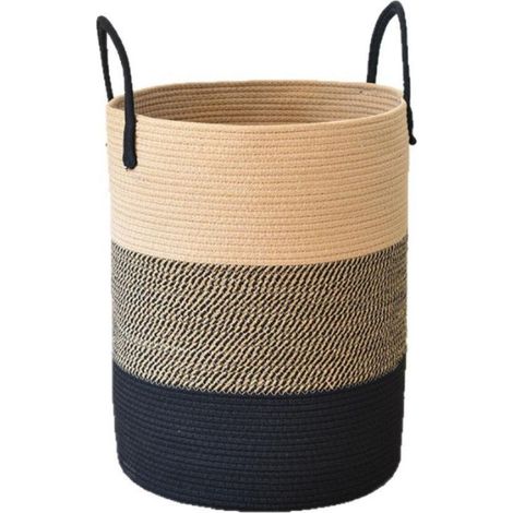 33 x 45 cm Beige et noir Panier à linge tressé en coton Avec anse Panier à linge tressé Panier de rangement pour chambre d'enfant, salle de bain (1/5)