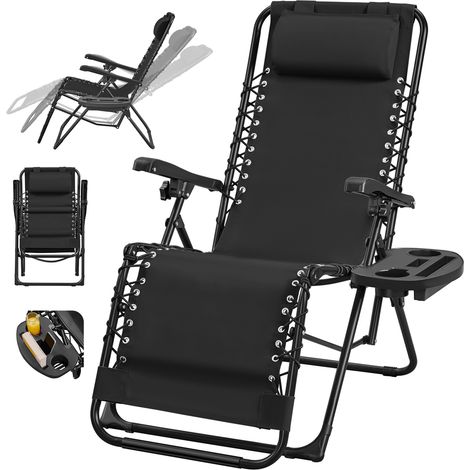 Homevive Silla Plegable de Gravedad Cero Tumbona Reclinable para Exterior con Reposacabezas Portavasos Negro (1/5)