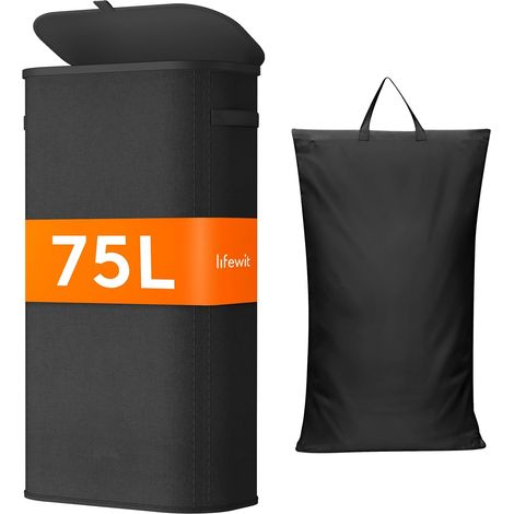 Panier Linge Sale, Bac Linge avec Couvercle, Corbeille Linge avec Plastique Poignées et Sac Linge, Laundry Basket pour Buanderie, Chambre, Salle de Bain, 75 L, Noir (1/5)