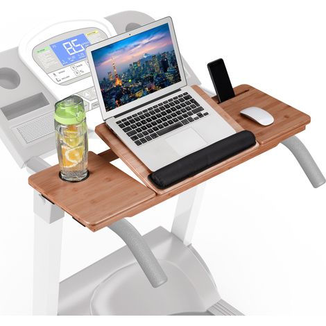 Relaxdays treadmill desk attachment, 7-position laptop stand, phone & drink holder, sealed bamboo, natural