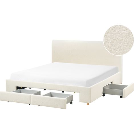 Cama moderna con cajones tapicería de bouclé con somier de listones 180 x 200 cm blanco crema Soutrin