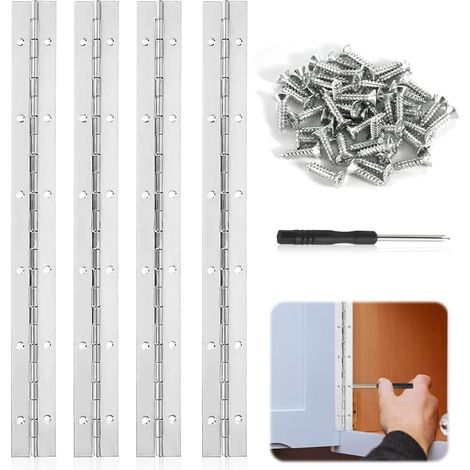 Set mit 4 Klavierbändern aus Edelstahl, 30 cm lang, inklusive 48 Edelstahlschrauben für Klaviere, Schranktüren und Fenster