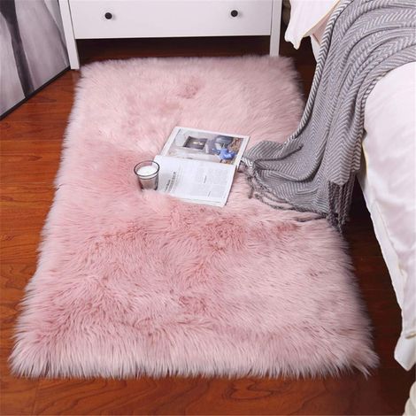 Tapis en fausse peau d'agneau 50 x 150 cm, tapis de salon moderne, aspect fourrure longue et moelleuse, tapis de chevet confortable en peau d'agneau, tapis de canapé (rose, 50 x 150 cm) (1/5)