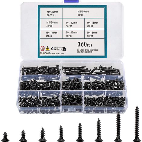 Ensemble de 360 vis autotaraudeuses M4 visser à tête cruciforme plate noire pour tôles, vis à bois autotaraudeuses à tête fraisée pour bois Plastique métal doux (M4) (1/5)