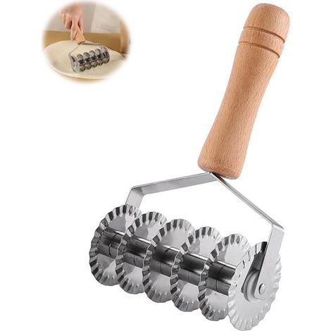 Coupe-pâte, coupe-pizza à six roues en acier inoxydable, coupe-pâtes, argenté, couteau à six roues avec manche en bois, outil de découpe de pâte (1/5)