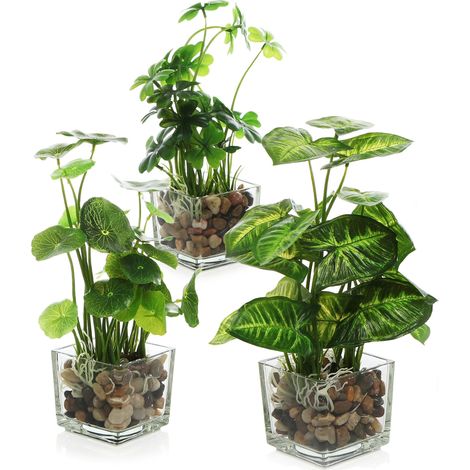Pack 3 Plantas Artificiales Decorativas, Mini Plantas Verdes con Macetas de Cristal Transparente para Casa Oficina y Escritorio (1/5)