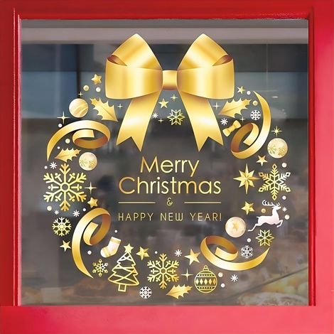 Lot de 2 décorations de Noël dorées (45,7 x 48,3 cm) avec nœud, flocons de neige et rennes. Autocollants statiques pour vitres, portes et vitrines. Décoration de Noël.