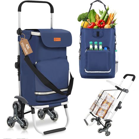 Sekey Aluminium 3 in 1 Treppensteiger Einkaufstrolley, Trolly Einkaufswagen Klappbar mit Kühlfach, 6 Räder, Blau