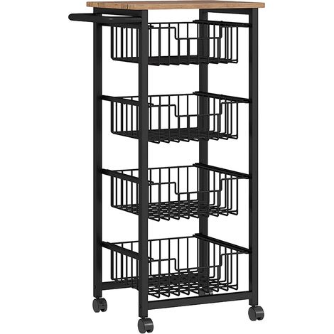 Chariot de cuisine/de service avec plan de travail, 4 paniers extensibles en acier, chariot à roulettes pour bureau, 49,5 x 31 x 91 cm, chêne (1/5)