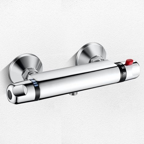 Mitigeur Thermostatique Douche, Anti-Brûlure avec Bouton de Sécurité à 38 °Robinet Thermostatique de Douche, Laiton Chromé M (1/5)