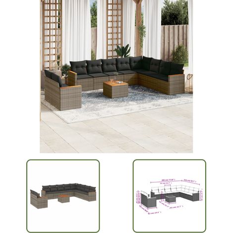 The Living Store 11-tlg. Garten-Sofagarnitur mit Kissen Grau Poly Rattan - Gartenmöbel Set - Esszimmergarnitur - Outdoor Möbel - Lounge Sofa - Rattan Gartenmöbel (1/3)