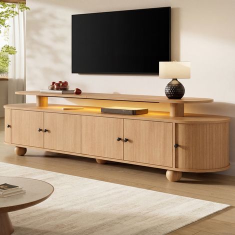 Modernluxe - Meuble TV double niveau 180x40x48 cm - Éclairage LED - Design ovale - 6 portes - Pieds en bois massif - MDF - Naturel (1/5)