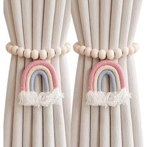 royaluxe-2PCS Rideau embrasses dos, embrasses de Rideau avec pendentif pompon arc en ciel, cravates en bois perlé pour rideaux, pas de poinçonnage Rideau retenues traitement de fenêtre pour chambre à 