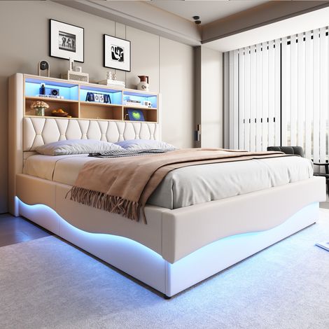 Lit coffre rembourré 180x200 cm, rangement hydraulique, LED avec USB, tête de lit avec étagère, tissu lin Beige, sommier métallique renforcé (1/5)