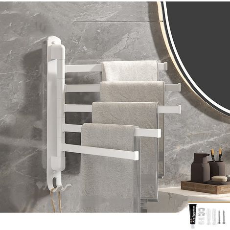 Porte-serviettes mural, support de rangement multifonctionnel, porte-serviettes rotatif sans poinçon, 5 poteaux, blanc (1/5)