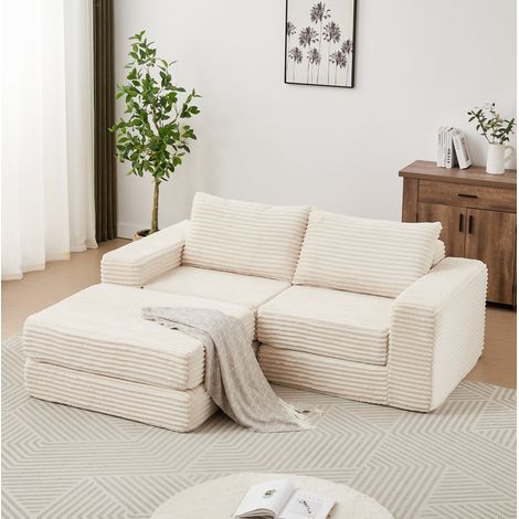 Sofá cama modular 2 en 1 de pana beige con 2 cojines y reposapiés extraíble (1/5)