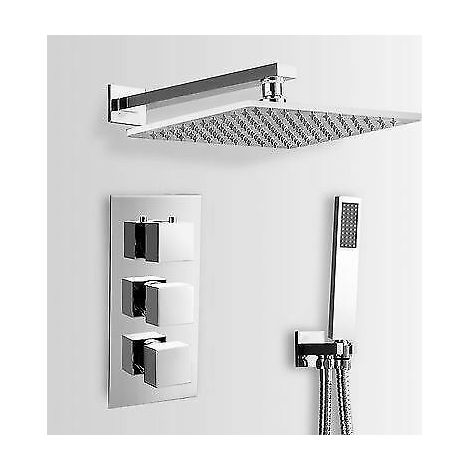 Lilly 3 Dial 2 Way Square Concealed Thermostatic Mixer Valve, Handset & Square Shower Head Chrome