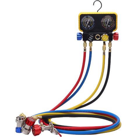 HVAC gauges with hoses, heavy-duty 4-way brass replacement manifold gauge set for R410A R32 R134A R22 refrigerants. (1/5)