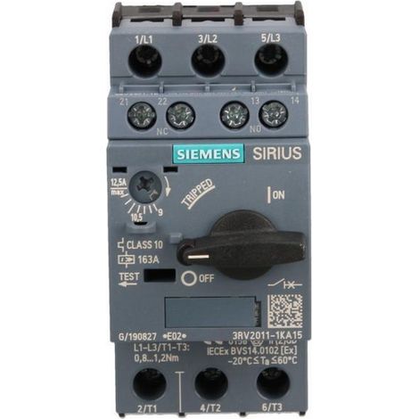 Siemens Interruptor automático, S00, Protección de motor, Clase 10, Disparo A 9-12,5A, Disparo N 163A, 3RV20111KA15