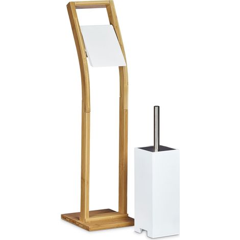 Set WC moderno con portarotolo e scopino 40 x 15 x 15 cm in bambù bianco 130004445